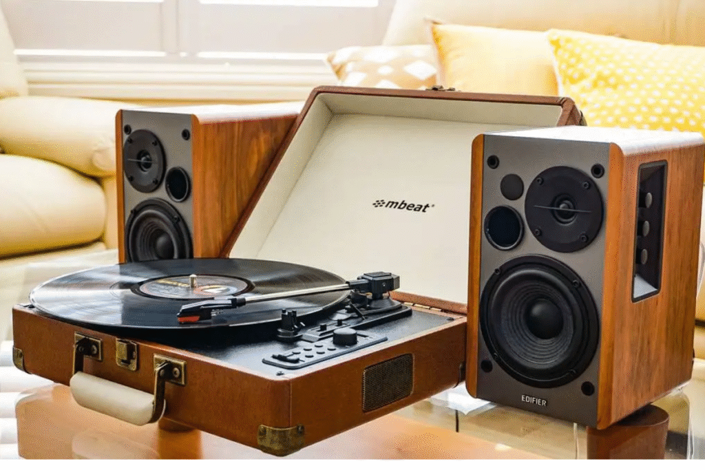 Spin the Groove: Turntable with Powerful Built-In Speakers Inside turntable with speakers